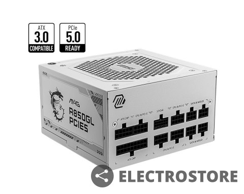 MSI Zasilacz modularny MAG A850GL PCIE5 850W 80PLUS GOLD biały MSI Zasilacz modularny MAG A850GL PCIE5 850W 80PLUS GOLD biały