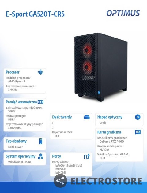 OPTIMUS Komputer E-Sport GA520T-CR5 R5-4500/16GB/1TB/RTX 4060 8GB/W11 OPTIMUS Komputer E-Sport GA520T-CR5 R5-4500/16GB/1TB/RTX 4060 8GB/W11