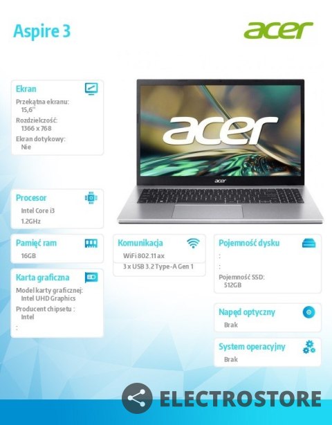 Acer Notebook Aspire 3 A315-59-39DR i3-1215U, 15.6, 16GB DDR4 RAM, 512GB SSD, No OS, srebrny Acer Notebook Aspire 3 A315-59-39DR i3-1215U, 15.6, 16GB DDR4 RAM, 512GB SSD, No OS, srebrny