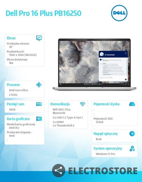 Dell Laptop Dell Pro 16 Plus PB16250 W11P Ultra 5 236V/16GB/512GB CL25/16.0 FHD+/Arc/FgrPr&SmtCd/FHD/IRCam/Mic/WLAN+BT/BcklKb/3C/vPro