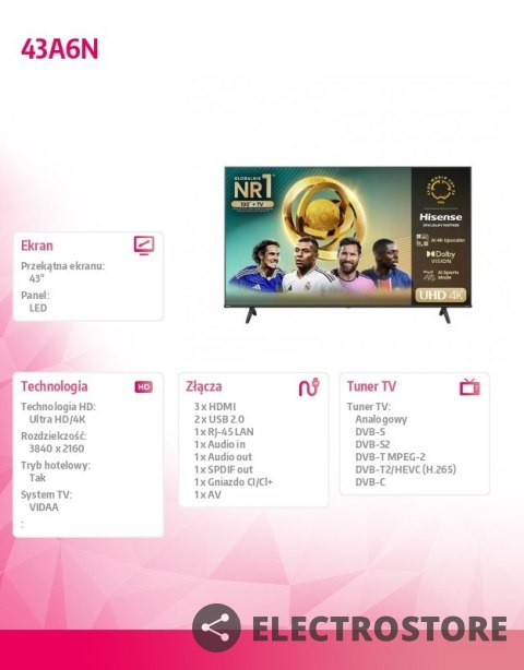 Hisense Telewizor LED 43 cale 43A6N Hisense Telewizor LED 43 cale 43A6N