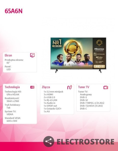 Hisense Telewizor LED 65 cali 65A6N Hisense Telewizor LED 65 cali 65A6N
