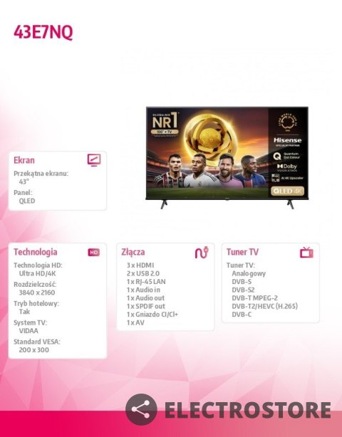 Hisense Telewizor QLED 43 cale 43E7NQ Hisense Telewizor QLED 43 cale 43E7NQ