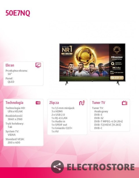 Hisense Telewizor QLED 50 cali 50E7NQ Hisense Telewizor QLED 50 cali 50E7NQ