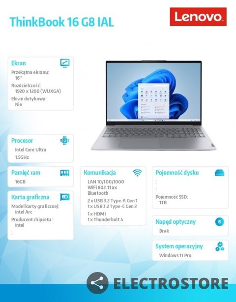 Lenovo Notebook ThinkBook 16 G8 21SK008NPB W11Pro Ultra 7 255H/16GB/1TB/INT/16.0 WUXGA/Luna Grey/3YRS OS + CO2 Offset Lenovo Notebook ThinkBook 16 G8 21SK008NPB W11Pro Ultra 7 255H/16GB/1TB/INT/16.0 WUXGA/Luna Grey/3YRS OS + CO2 Offset