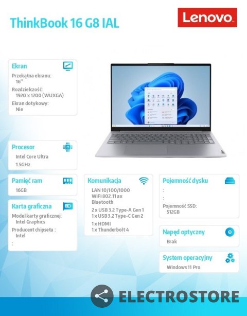 Lenovo Notebook ThinkBook 16 G8 21SK008PPB W11Pro Ultra 5 225U/16GB/512GB/INT/16.0 WUXGA/Luna Grey/3YRS OS + CO2 Offset Lenovo Notebook ThinkBook 16 G8 21SK008PPB W11Pro Ultra 5 225U/16GB/512GB/INT/16.0 WUXGA/Luna Grey/3YRS OS + CO2 Offset