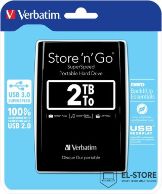 Verbatim Dysk zewnętrzny Verbatim 53177 (2 TB; 2.5"; USB 3.0; 5400 obr/min; kolor czarny)