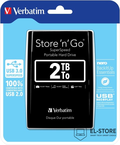 Verbatim Dysk zewnętrzny Verbatim 53177 (2 TB; 2.5"; USB 3.0; 5400 obr/min; kolor czarny)