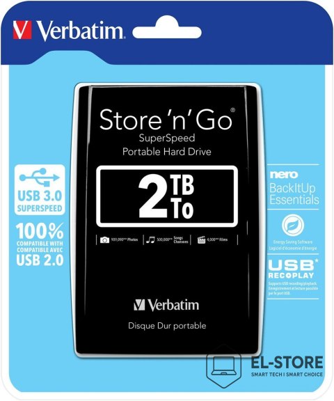 Verbatim Dysk zewnętrzny Verbatim 53177 (2 TB; 2.5"; USB 3.0; 5400 obr/min; kolor czarny)