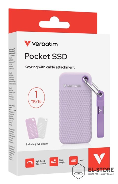 Verbatim Zewnętrzny dysk SSD Verbatim 32322 Pocket 1TB z dwoma pokrowcami białym i fioletowym