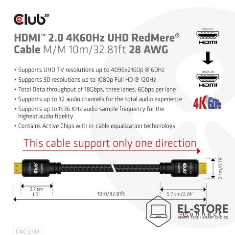 Club 3D CLUB3D HDMI 2.0 4K60Hz RedMere cable 10m/32.8ft