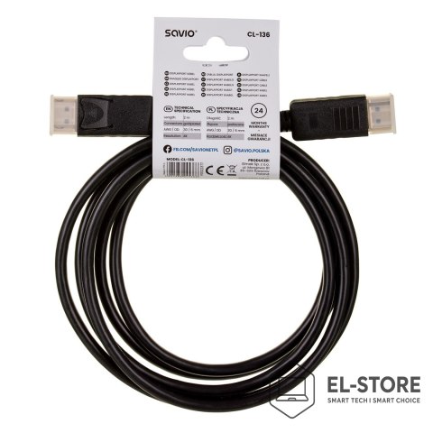 SAVIO Kabel SAVIO CL-136 (DisplayPort M - DisplayPort M; 2m; kolor czarny)