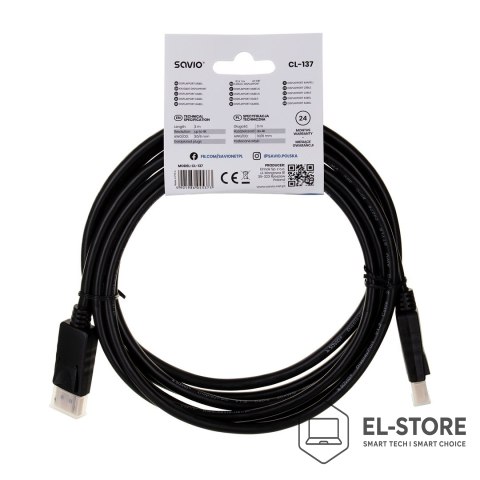 SAVIO Kabel SAVIO CL-137 (DisplayPort M - DisplayPort M; 3m; kolor czarny)