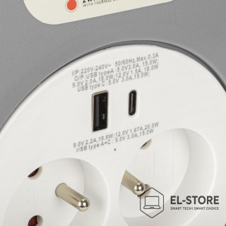 MONTIS MONTIS PRZEDŁUŻACZ DOMOWY ZWIJANY Z DWOMA GNIAZDAMI USB TYPU A+C 10M SZARY MT188