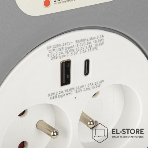 MONTIS MONTIS PRZEDŁUŻACZ DOMOWY ZWIJANY Z DWOMA GNIAZDAMI USB TYPU A+C 10M SZARY MT188