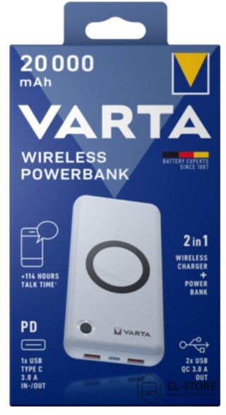 VARTA Varta 57909 101 111 bank mocy Litowo-polimerowy (LiPo) 20000 mAh Bezprzewodowe ładowanie Biały
