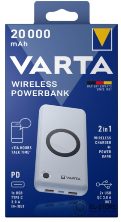 VARTA Varta 57909 101 111 bank mocy Litowo-polimerowy (LiPo) 20000 mAh Bezprzewodowe ładowanie Biały