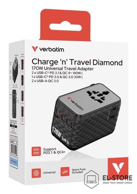 Verbatim Uniwersalny zasilacz podróżny Verbatim Charge 'N' Travel 170 W