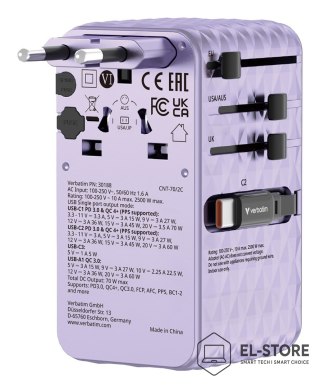 Verbatim VERBATIM CHARGE 'N' TRAVEL 70W 2C CHOWANY UNIWERSALNY ADAPTER PODRÓŻNY FIOLETOWY