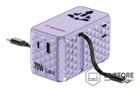 Verbatim VERBATIM CHARGE 'N' TRAVEL 70W 2C CHOWANY UNIWERSALNY ADAPTER PODRÓŻNY FIOLETOWY