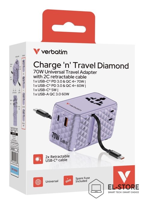 Verbatim VERBATIM CHARGE 'N' TRAVEL 70W 2C CHOWANY UNIWERSALNY ADAPTER PODRÓŻNY FIOLETOWY