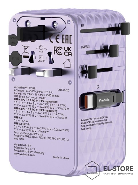 Verbatim VERBATIM CHARGE 'N' TRAVEL 70W 2C CHOWANY UNIWERSALNY ADAPTER PODRÓŻNY FIOLETOWY