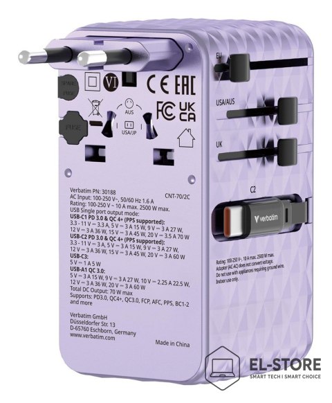 Verbatim VERBATIM CHARGE 'N' TRAVEL 70W 2C CHOWANY UNIWERSALNY ADAPTER PODRÓŻNY FIOLETOWY
