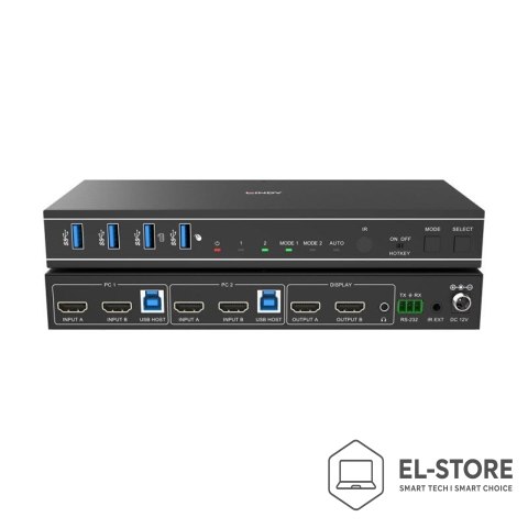 LINDY Lindy 2-portowy przełącznik KVM HDMI 4K60 USB3.0 z podwójną głowicą