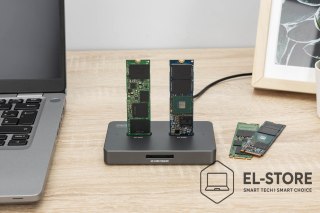 DIGITUS Stacja dokująca USB-C 3.2 Gen2 dla dysków SSD M.2 Duo NVMe oraz SATA (max. 2x 4 TB) z czytnikiem kart SD-Express 7.1 (max. 2 TB)
