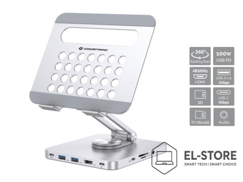 No name Uchwyt na tablet CONCEPTRONIC ze stacją dokującą 8 w 1 srebrny
