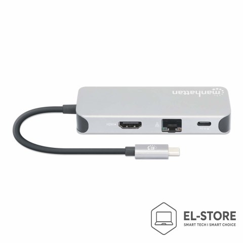 Manhattan Stacja dokująca MANHATTAN USB-C 8 w 1 z zasilaniem USB 3.2 Gen 1 Type-C męski na żeński HDMI, trzy porty USB-A, gigabitowy port 