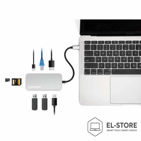 Manhattan Stacja dokująca MANHATTAN USB-C 8 w 1 z zasilaniem USB 3.2 Gen 1 Type-C męski na żeński HDMI, trzy porty USB-A, gigabitowy port 