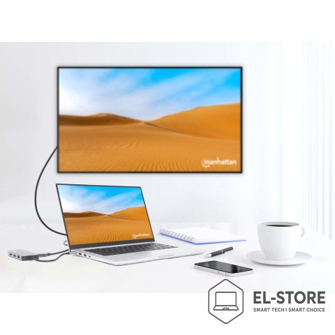 Manhattan Stacja dokująca MANHATTAN USB-C 8 w 1 z zasilaniem USB 3.2 Gen 1 Type-C męski na żeński HDMI, trzy porty USB-A, gigabitowy port 