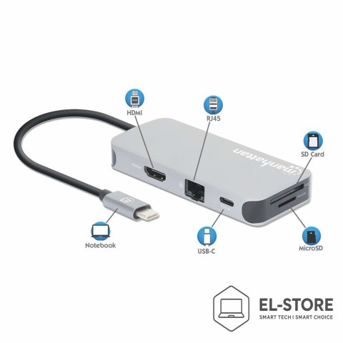 Manhattan Stacja dokująca MANHATTAN USB-C 8 w 1 z zasilaniem USB 3.2 Gen 1 Type-C męski na żeński HDMI, trzy porty USB-A, gigabitowy port 