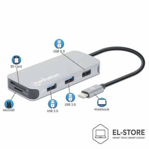Manhattan Stacja dokująca MANHATTAN USB-C 8 w 1 z zasilaniem USB 3.2 Gen 1 Type-C męski na żeński HDMI, trzy porty USB-A, gigabitowy port 