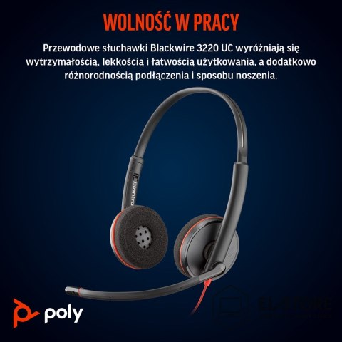POLY Słuchawki Poly Blackwire 3220 Stereo USB-C Black Headset +USB-C/A Adapter (Box) 8X228AA