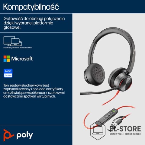 POLY Zestaw słuchawkowy POLY Blackwire 8225 Stereo 8X225AA USB-C z certyfikatem Microsoft Teams + przejściówka USB-C/A