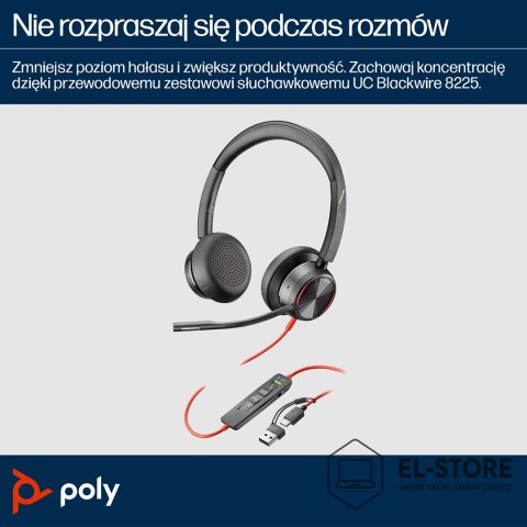 POLY Zestaw słuchawkowy POLY Blackwire 8225 Stereo 8X225AA USB-C z certyfikatem Microsoft Teams + przejściówka USB-C/A