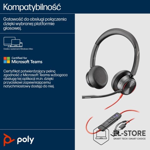POLY Zestaw słuchawkowy POLY Blackwire 8225 Stereo 8X225AA USB-C z certyfikatem Microsoft Teams + przejściówka USB-C/A