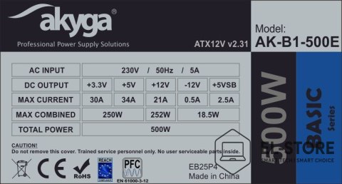 Akyga Zasilacz Akyga Basic AK-B1-500E (500 W; Pasywne; 120 mm)