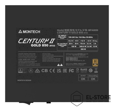 Montech Montech CENTURY II moduł zasilaczy 850 W 20+4 pin ATX ATX Srebrny, Czarny