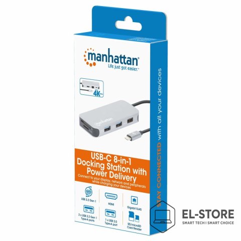 Manhattan Stacja dokująca MANHATTAN USB-C 8 w 1 z zasilaniem USB 3.2 Gen 1 Type-C męski na żeński HDMI, trzy porty USB-A, gigabitowy port 