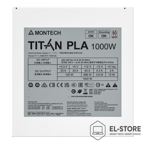 Montech Montech Titan PLA 1000W - 80 PLUS & Cybenetics Platinum, modułowy, PCIe 5.1 - 1000 Watt, biały