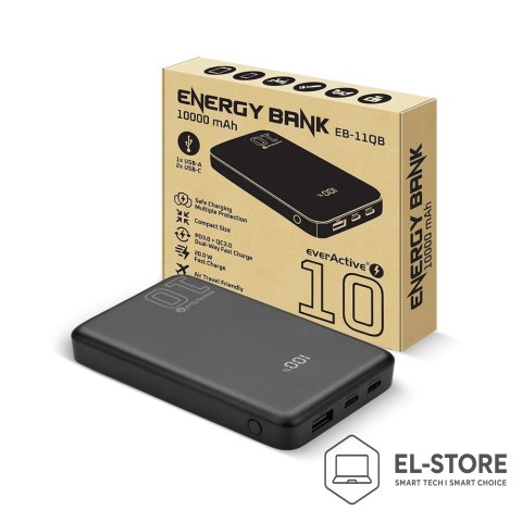EverActive EVERACTIVE POWERBANK 10 000MAH, 1X USB, 2X USB-C, 20W, QC4+, WYŚWIETLACZ LCD, CZARNY EB-11QB