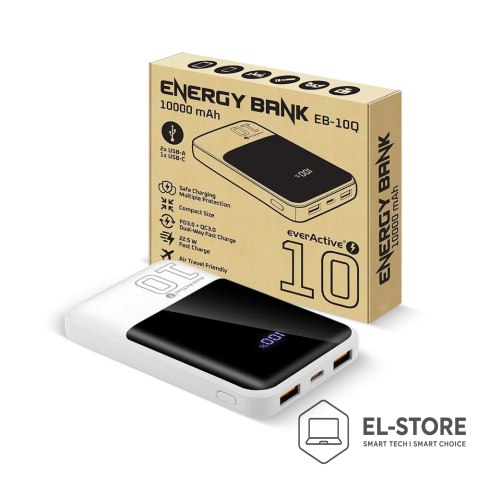 EverActive EVERACTIVE POWERBANK 10 000MAH, 2X USB, 1X USB-C 22,5W, QC4+, WYŚWIETLACZ LCD, BIAŁY EB-10Q