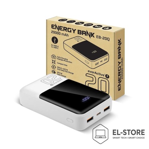 EverActive EVERACTIVE POWERBANK 20 000MAH, 2X USB, 1X USB-C 22,5W, QC4+, WYŚWIETLACZ LCD, BIAŁY EB-20Q