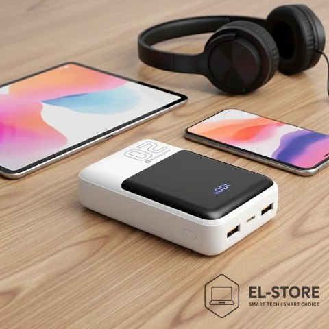 EverActive EVERACTIVE POWERBANK 20 000MAH, 2X USB, 1X USB-C 22,5W, QC4+, WYŚWIETLACZ LCD, BIAŁY EB-20Q