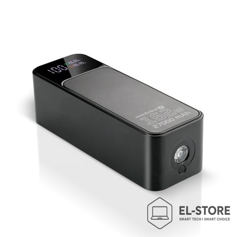 EverActive EVERACTIVE POWERBANK 27 000MAH, 1X USB, 2X USB-C, 162,5W, QC4+, WBUDOWANA LATARKA, WYŚWIETLACZ LCD, CZARNY EB-27Q