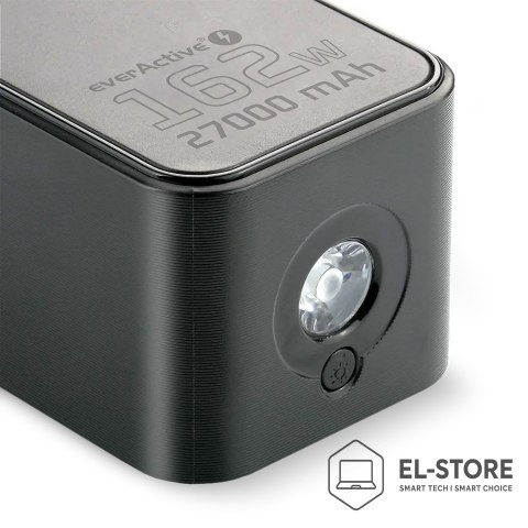 EverActive EVERACTIVE POWERBANK 27 000MAH, 1X USB, 2X USB-C, 162,5W, QC4+, WBUDOWANA LATARKA, WYŚWIETLACZ LCD, CZARNY EB-27Q