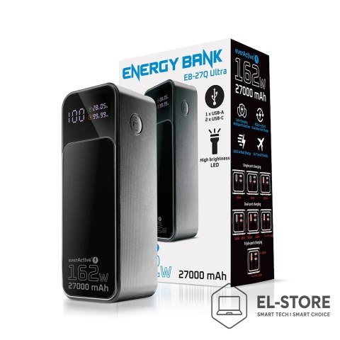 EverActive EVERACTIVE POWERBANK 27 000MAH, 1X USB, 2X USB-C, 162,5W, QC4+, WBUDOWANA LATARKA, WYŚWIETLACZ LCD, CZARNY EB-27Q